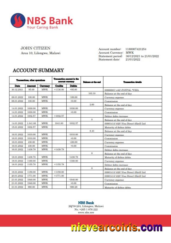 Malawi NBS bank statement